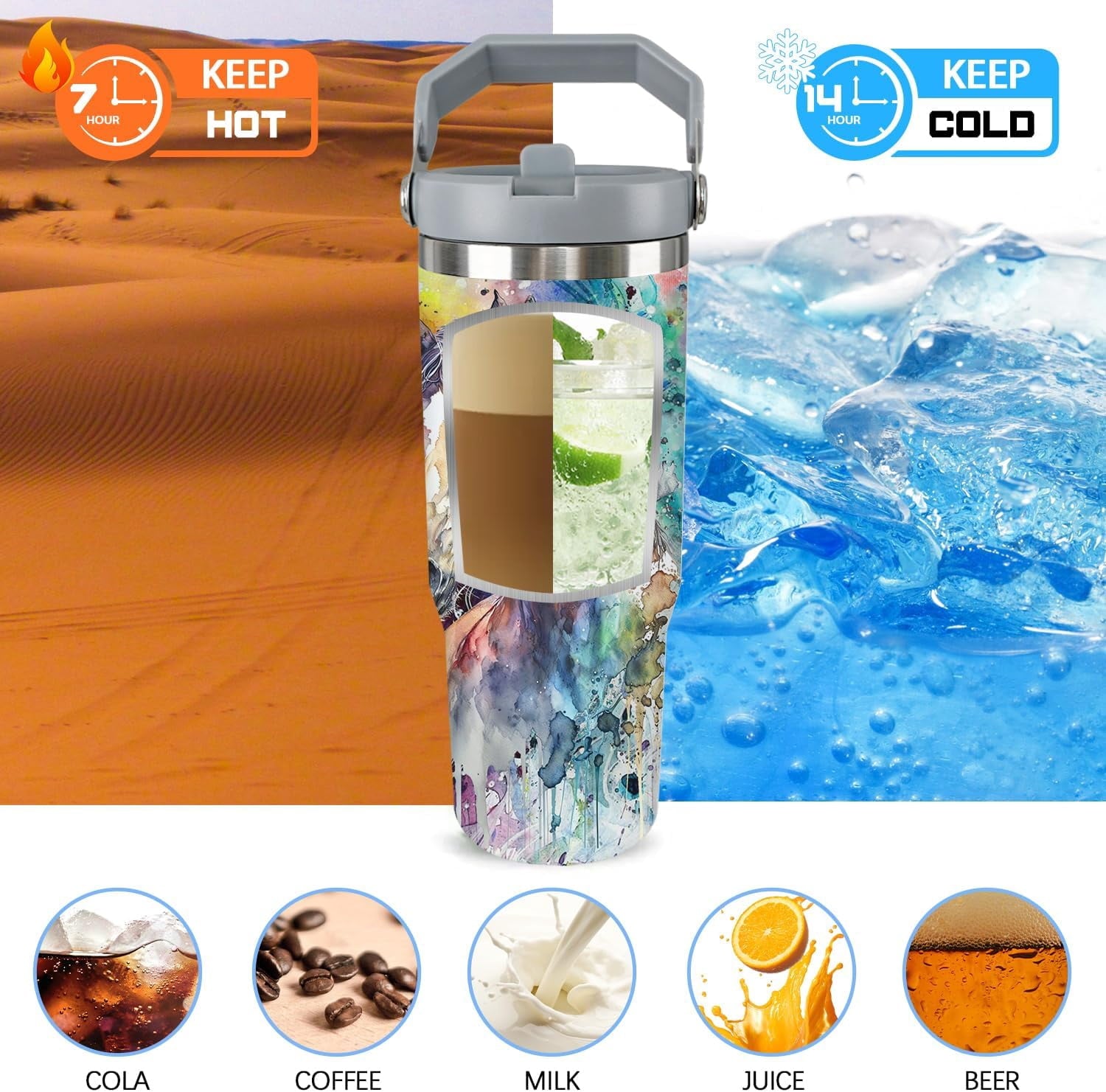 Horse Tumbler with Lid and Straw Stainless Steel Tumblers 30 Oz Insulated Horse Water Bottle Tie Dye Cup Mug with Handle Horse Gifts for Women Men Gift for Horse Lovers