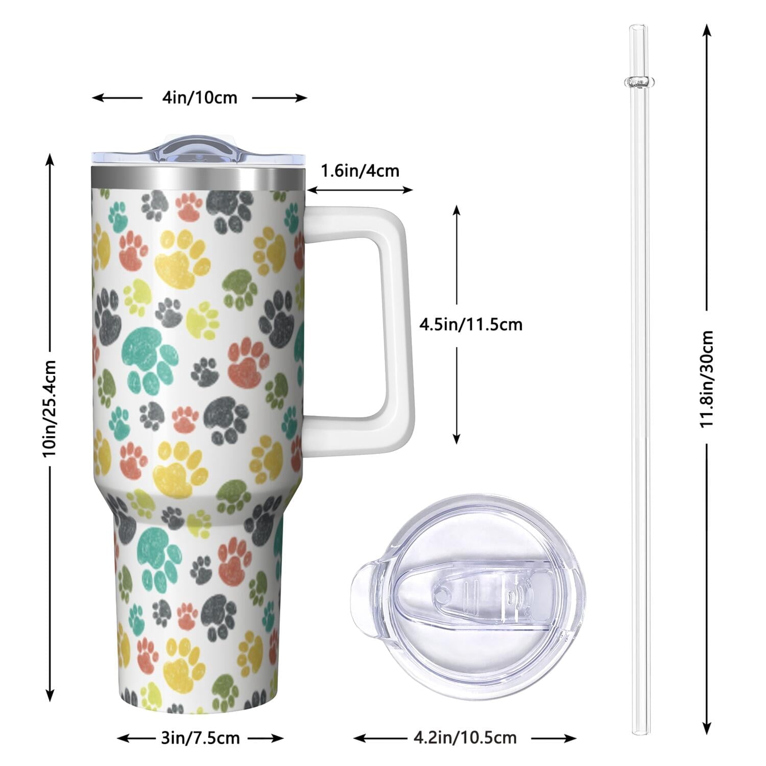 1pc Paw prints 40oz Tumbler with Straw & Handle - Insulated Stainless Steel Cup | Holiday Gift for Man Women (Christmas, Valentine's, Birthday)