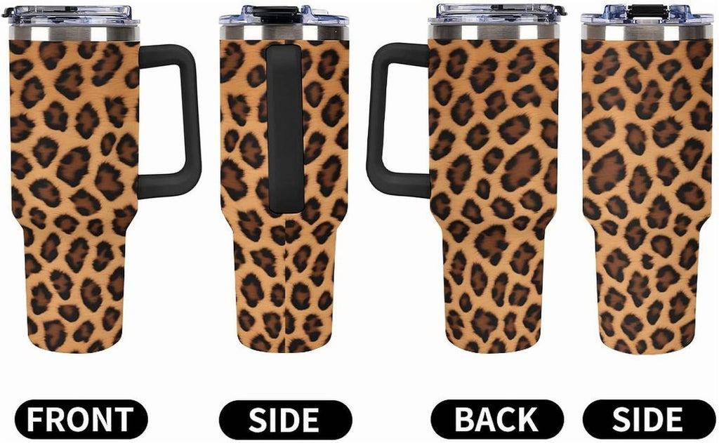 40oz Insulated Stainless Steel Tumbler with Handle, Abstract Brown Leopard Print Leakproof Water Bottles Travel Mug with Lid And Straw for Water, Iced Tea Or Coffee for Most Car Cup Holder
