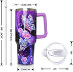 40 oz Tumbler with Handle and Straw Lid, Purple Butterfly Insulated Cup, Double Vacuum Leak Proof Coffee Travel Mug, Flower Stainless Steel Water Bottle Gifts for Women Girls