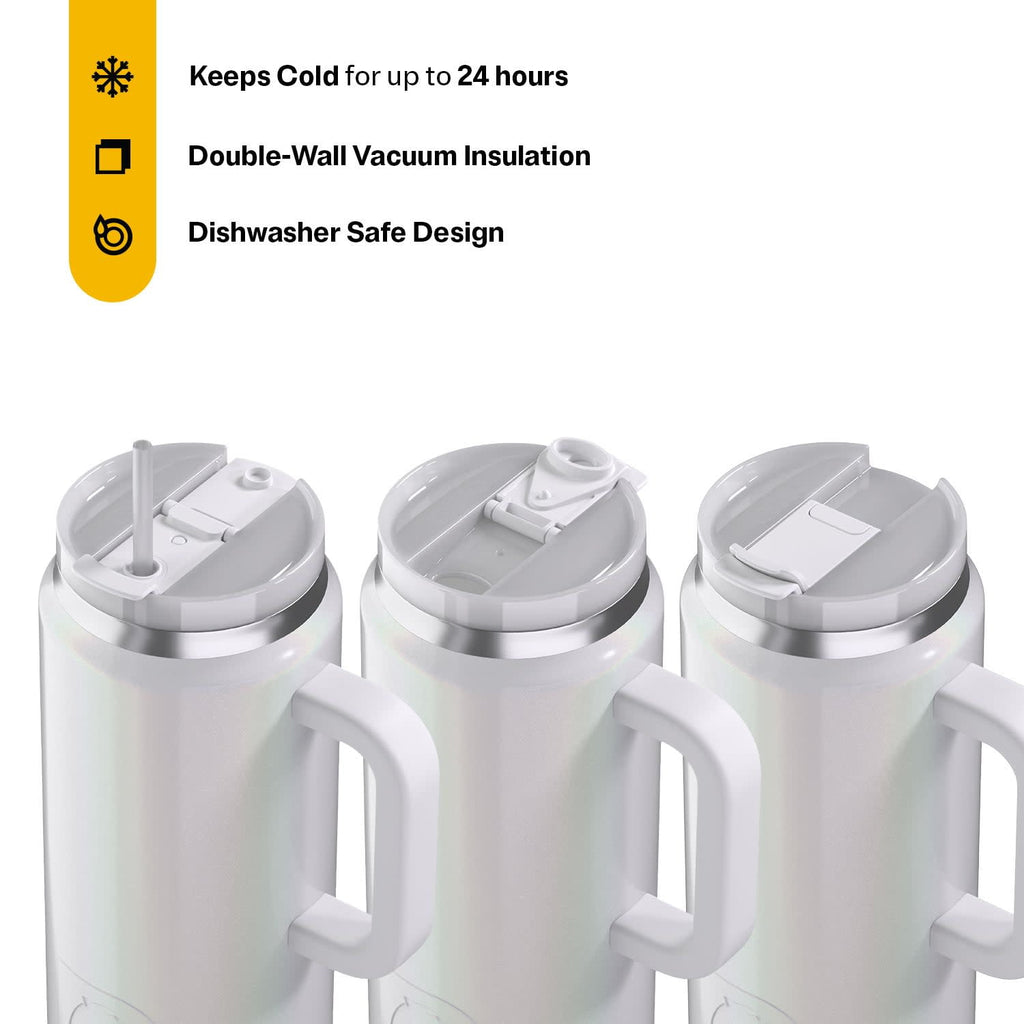 RTIC 64 oz Ceramic Lined Road Trip Tumbler with Handle and Leak-Resistant Straw Lid, White Glitter