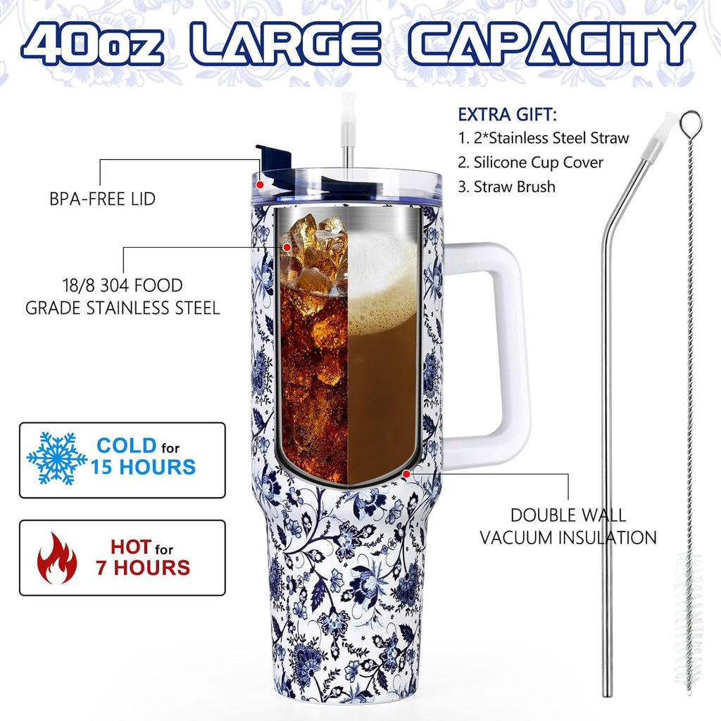 40oz Tumbler with Handle, Stainless Steel Insulated Travel Tumbler with Lid and Straw, Double Wall Vacuum Insulated Tumbler Mug, Thermal Cup for Home Outdoor, Blue and White Porcelain