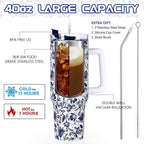 40oz Tumbler with Handle, Stainless Steel Insulated Travel Tumbler with Lid and Straw, Double Wall Vacuum Insulated Tumbler Mug, Thermal Cup for Home Outdoor, Blue and White Porcelain