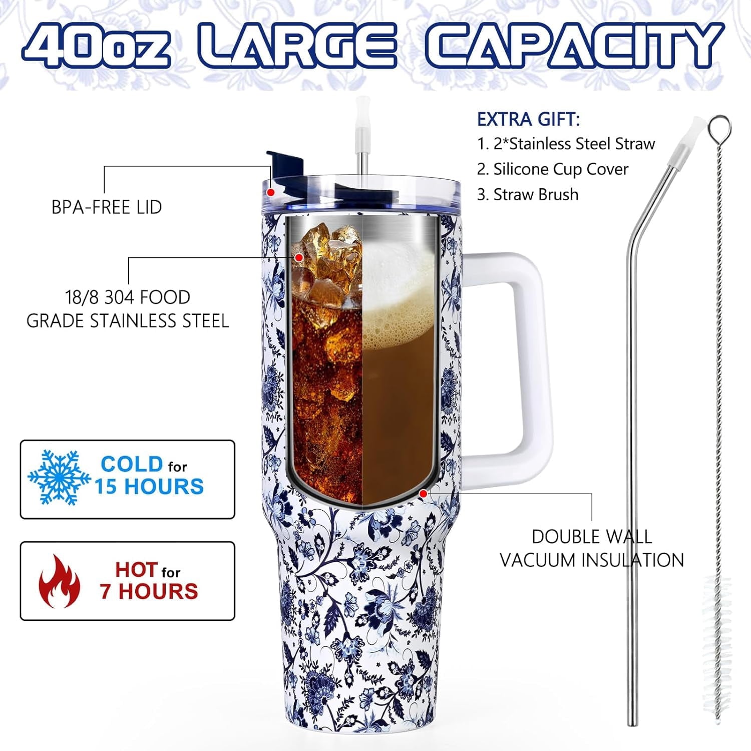 40oz Tumbler with Handle, Stainless Steel Insulated Travel Tumbler with Lid and Straw, Double Wall Vacuum Insulated Tumbler Mug, Thermal Cup for Home Outdoor, Blue and White Porcelain