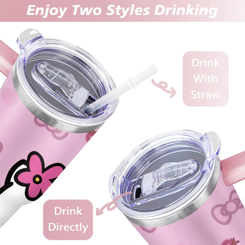 40oz Hello Kawaii Cat Cute Stainless Steel Tumbler with Lid and Straw,Spill Proof Travel Cup Double Wall Vacuum Insulated Coffee Mug with Handle Pink