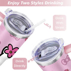 40oz Hello Kawaii Cat Cute Stainless Steel Tumbler with Lid and Straw,Spill Proof Travel Cup Double Wall Vacuum Insulated Coffee Mug with Handle Pink