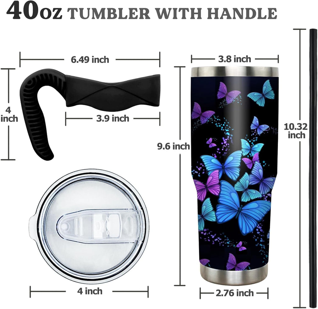 40 oz Tumbler with Handle and Straw 40oz Blue Purple Butterfly Cup Insulated Coffee Travel Mug Spill Proof Leak Proof 40 ounce Stainless Steel Slim 40 oz tumbler with handle and Lid