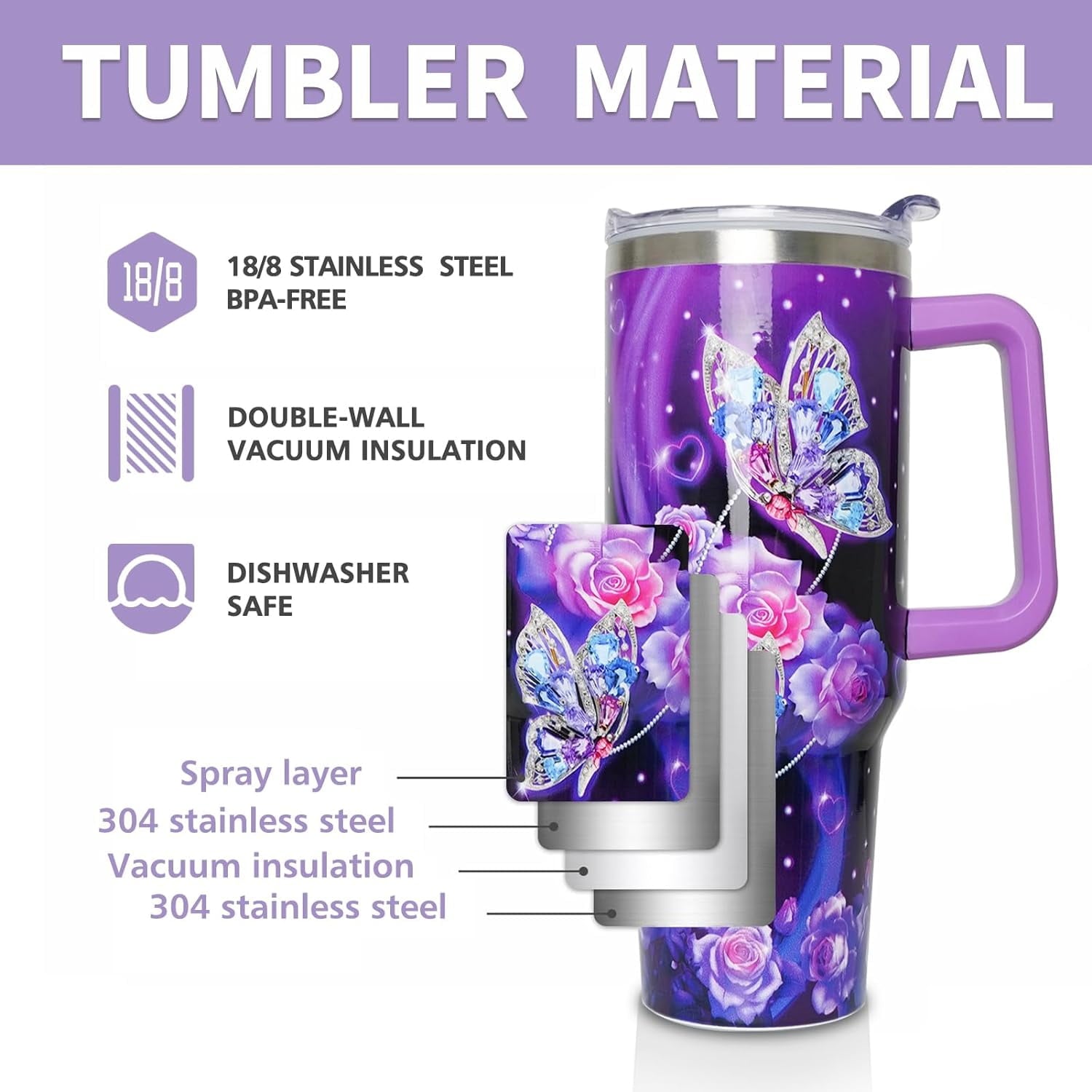 40 oz Tumbler with Handle and Straw Lid, Purple Butterfly Insulated Cup, Double Vacuum Leak Proof Coffee Travel Mug, Flower Stainless Steel Water Bottle Gifts for Women Girls