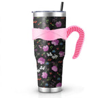 40 Oz Pioneer Tumbler with Handle and Silicone Straws,Colorful Floral Double Wall Vacuum Insulated Stainless Steel Travel Mug Leak-Proof Coffee Cup on Screw Lid and Straw Pink