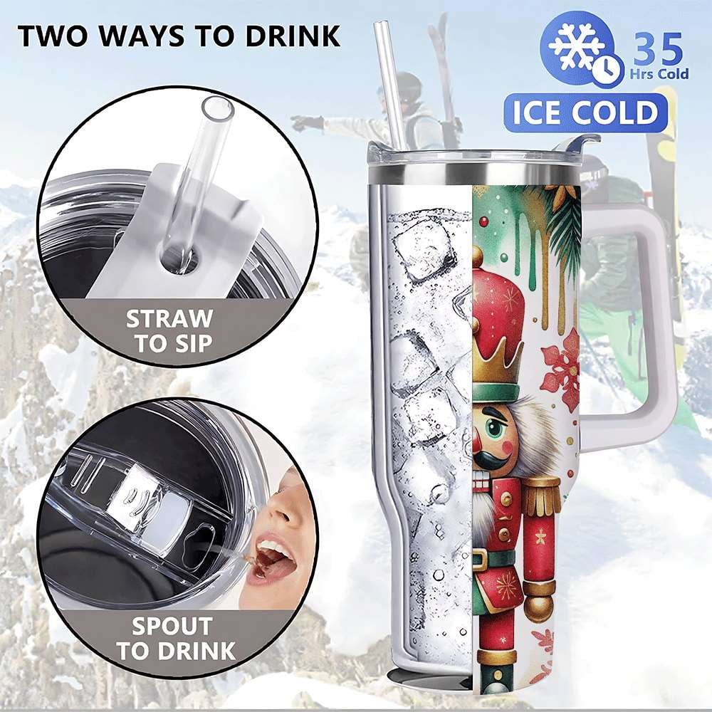 Nutcracker Christmas Insulated Tumbler with Lid and Straw, Holiday King Soldier Design Stainless Steel Travel Cup