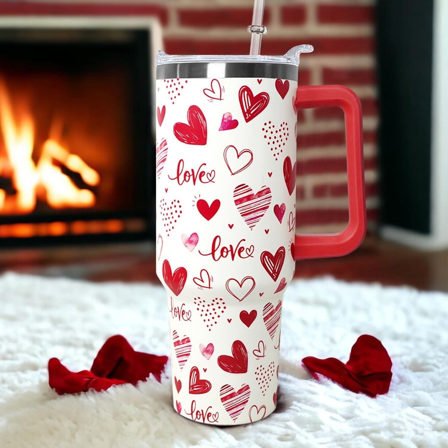 Love Tumbler 40 Oz Valentine Heart Tumbler With Handle,Valentine''s Day Coffee Travel Mug Cup Water Bottle,Heart Decor,Valentine''s Gifts for Wife Girlfriend Bride