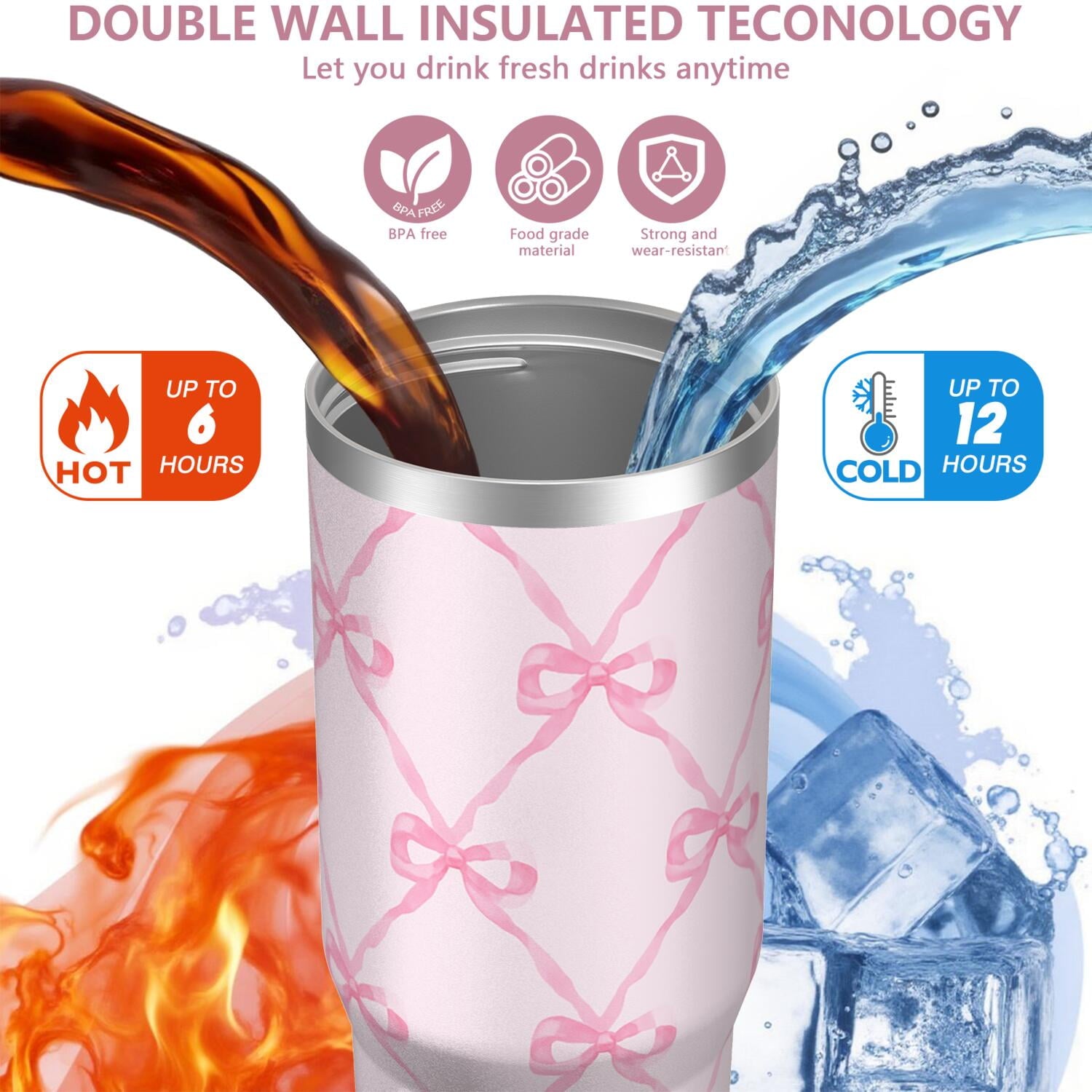 1pc Bow 30oz Tumbler with Straw & Handle - Insulated Stainless Steel Cup | Holiday Gift for Man Women (Christmas, Valentine's, Birthday)