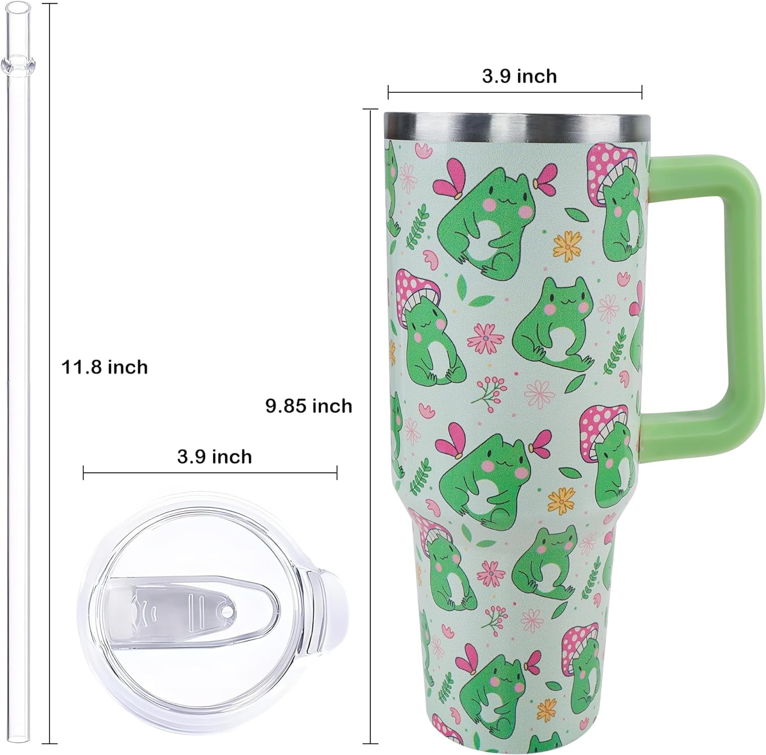 40 oz Frog Mushroom Tumbler with Handle and Straw, Travel Mug Water Bottle, Stainless Steel Insulated Cup with Lid and Straw, Birthday Christmas Gifts