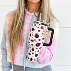 40 Oz Ladybug Tumbler With Handle - Coffee Travel Mug Cup Water Bottle, Strawberry Decor - Gifts for Women
