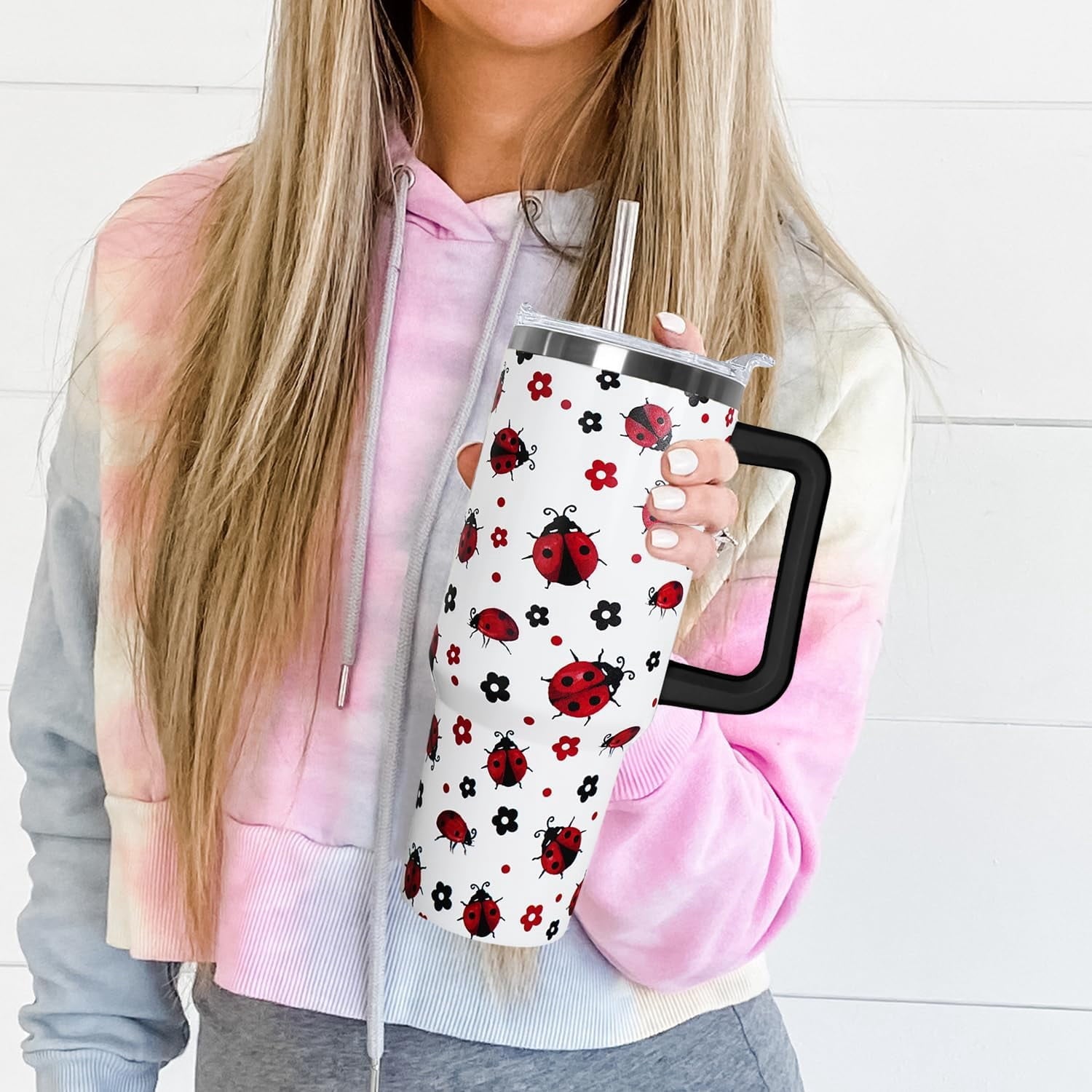 40 Oz Ladybug Tumbler With Handle - Coffee Travel Mug Cup Water Bottle, Strawberry Decor - Gifts for Women
