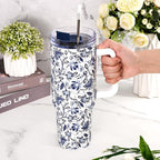 40oz Tumbler with Handle, Stainless Steel Insulated Travel Tumbler with Lid and Straw, Double Wall Vacuum Insulated Tumbler Mug, Thermal Cup for Home Outdoor, Blue and White Porcelain