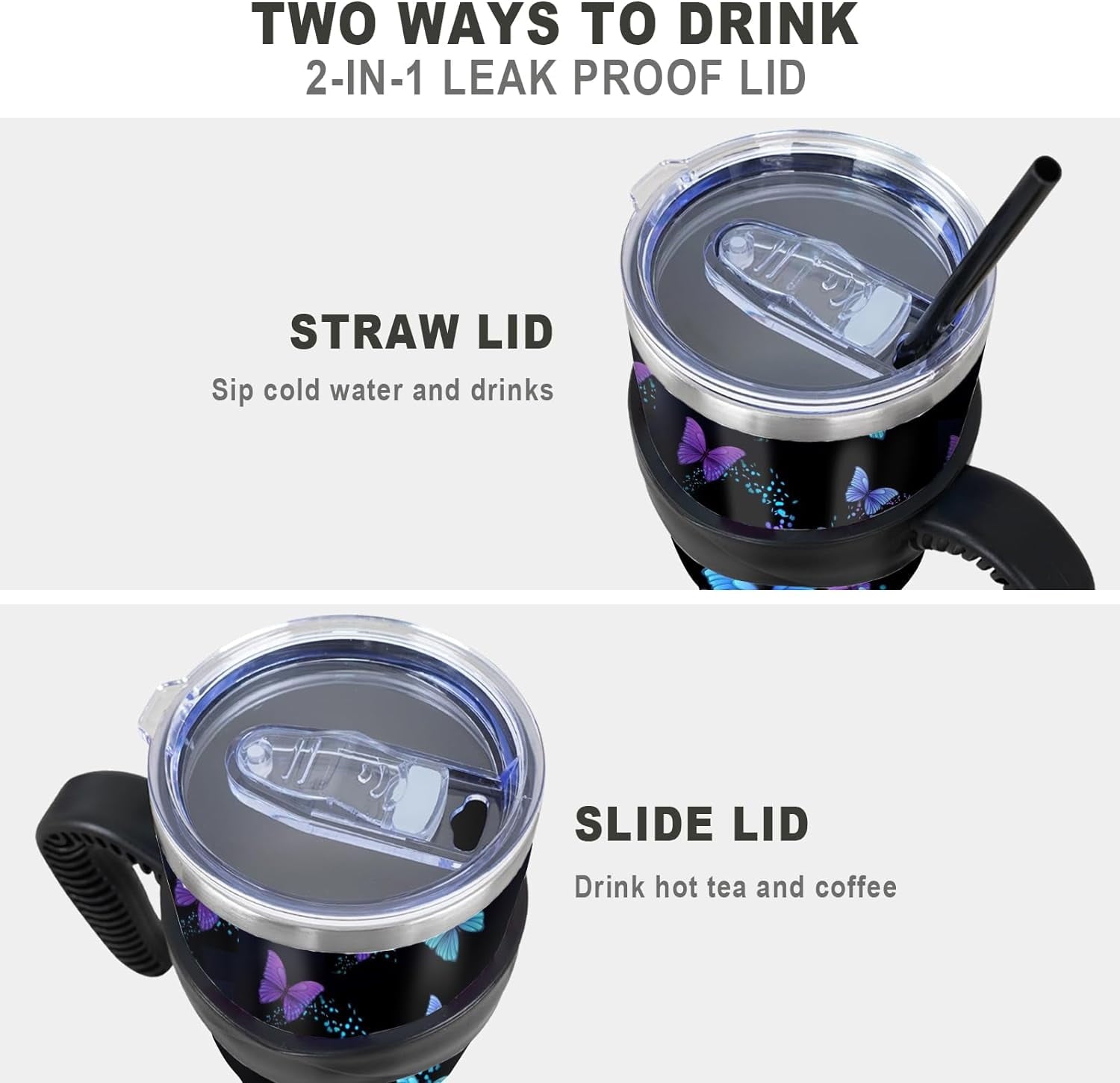 40 oz Tumbler with Handle and Straw 40oz Blue Purple Butterfly Cup Insulated Coffee Travel Mug Spill Proof Leak Proof 40 ounce Stainless Steel Slim 40 oz tumbler with handle and Lid