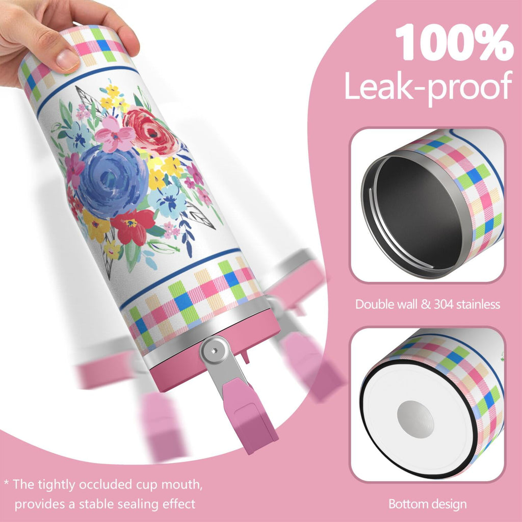 30oz Pioneer Colorful Floral Stainless Steel Flip Straw Tumbler with Lid and Straw Spill Proof Travel Cup Double Wall Vacuum Insulated Coffee Mug with Top Handled Pink