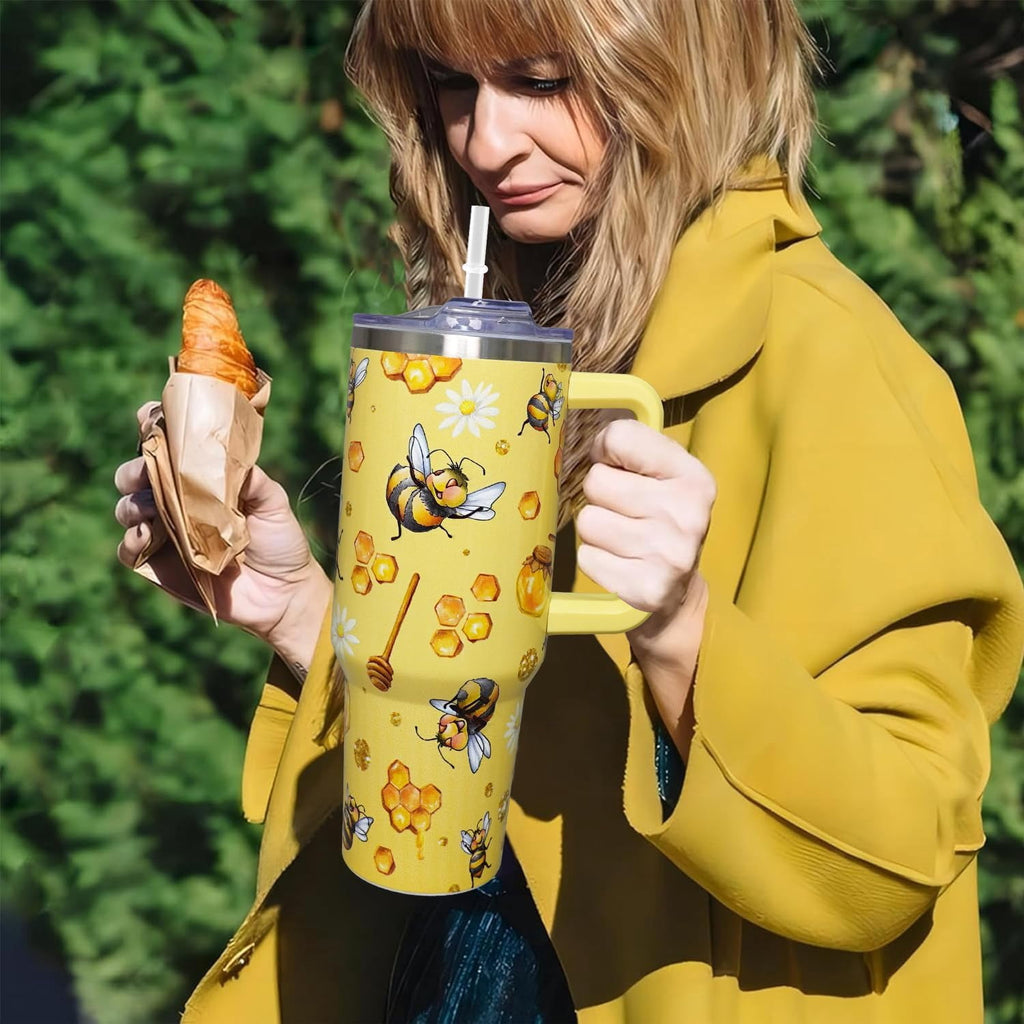 40oz Bee Tumbler With Handle Lid and Straw -Bee gifts for women Bee Travel Coffee Cup-Bee Gifts For Bee Lover-Bee Mugs