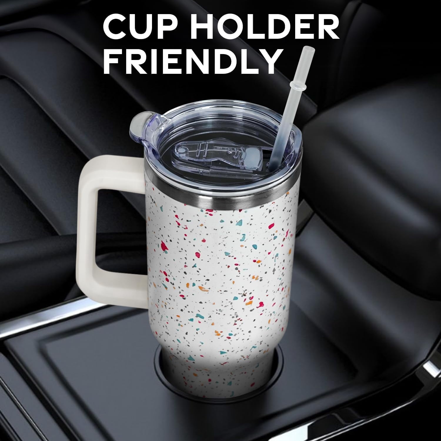 40oz Tumbler with Handle and Straw Lid | Vacuum Insulated Leak Proof Tumbler | Stainless Steel Travel Mug Water Bottle Cup Keeps Cold & Hot | Terrazzo