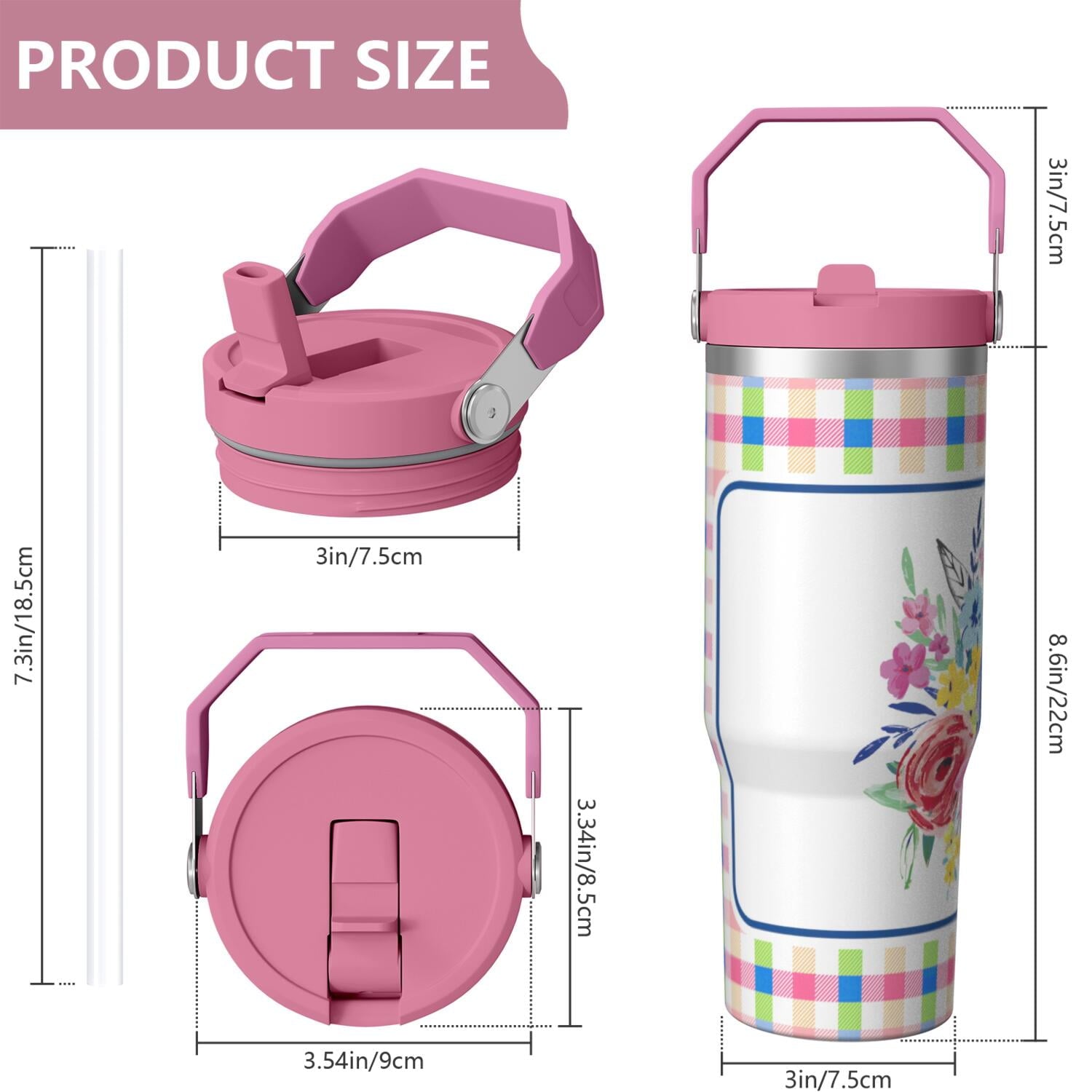 30oz Pioneer Colorful Floral Stainless Steel Flip Straw Tumbler with Lid and Straw Spill Proof Travel Cup Double Wall Vacuum Insulated Coffee Mug with Top Handled Pink