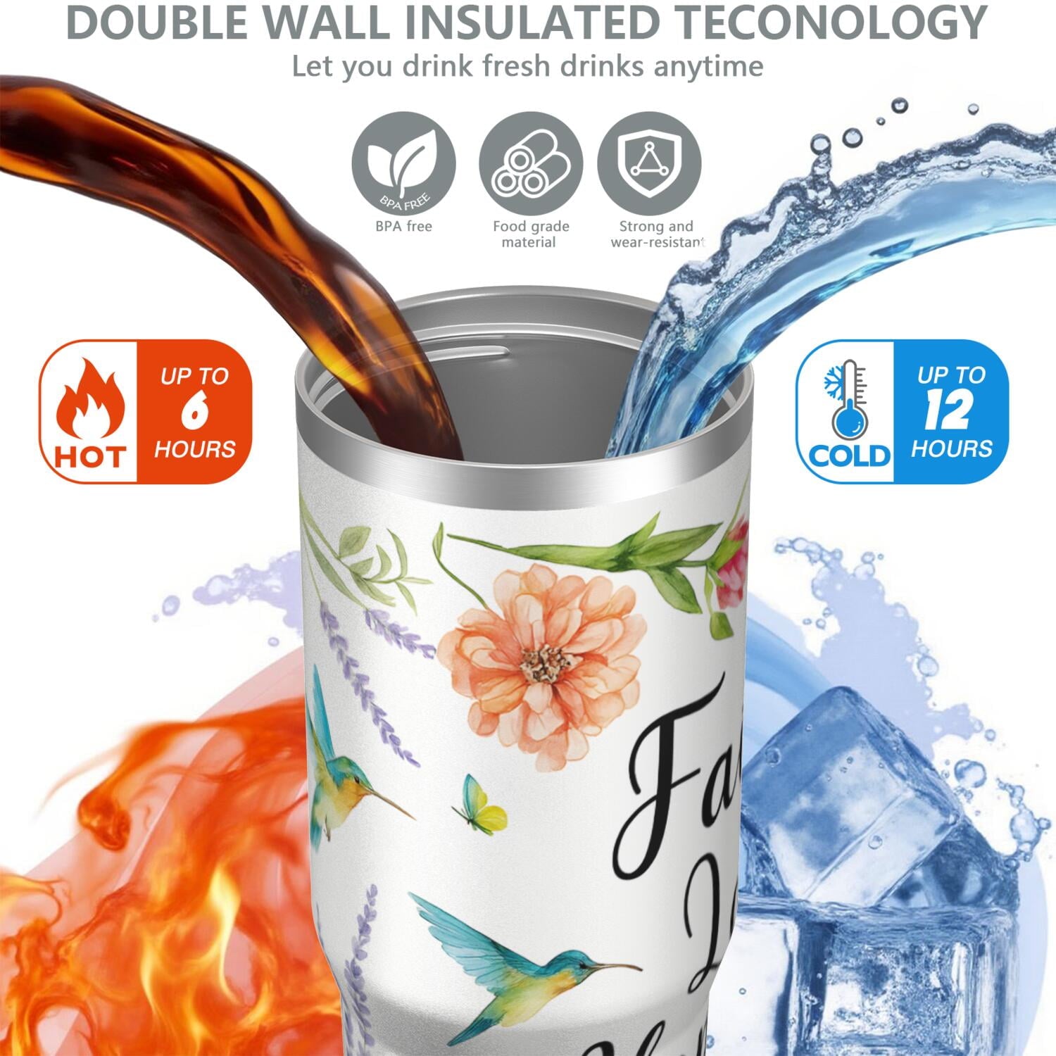 1pc Hummingbird 30oz Tumbler with Straw & Handle - Insulated Stainless Steel Cup | Holiday Gift for Man Women (Christmas, Valentine's, Birthday)