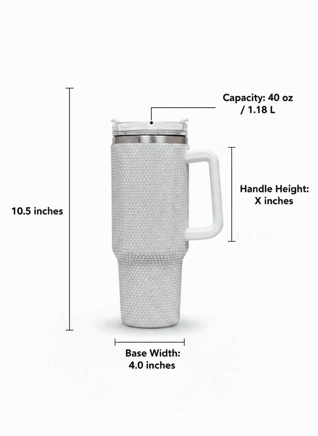 Thirstee 40 oz Rhinestone Tumbler with Handle and Metal Straw Lid, White Bling Insulated Travel Mug