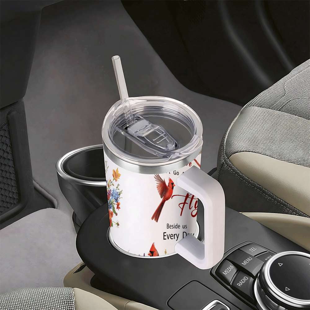 Cardinal Bird Floral Insulated Tumbler with Lid and Straw, Stainless Steel Travel Mug with Handle, Wildflower Spring Art Design