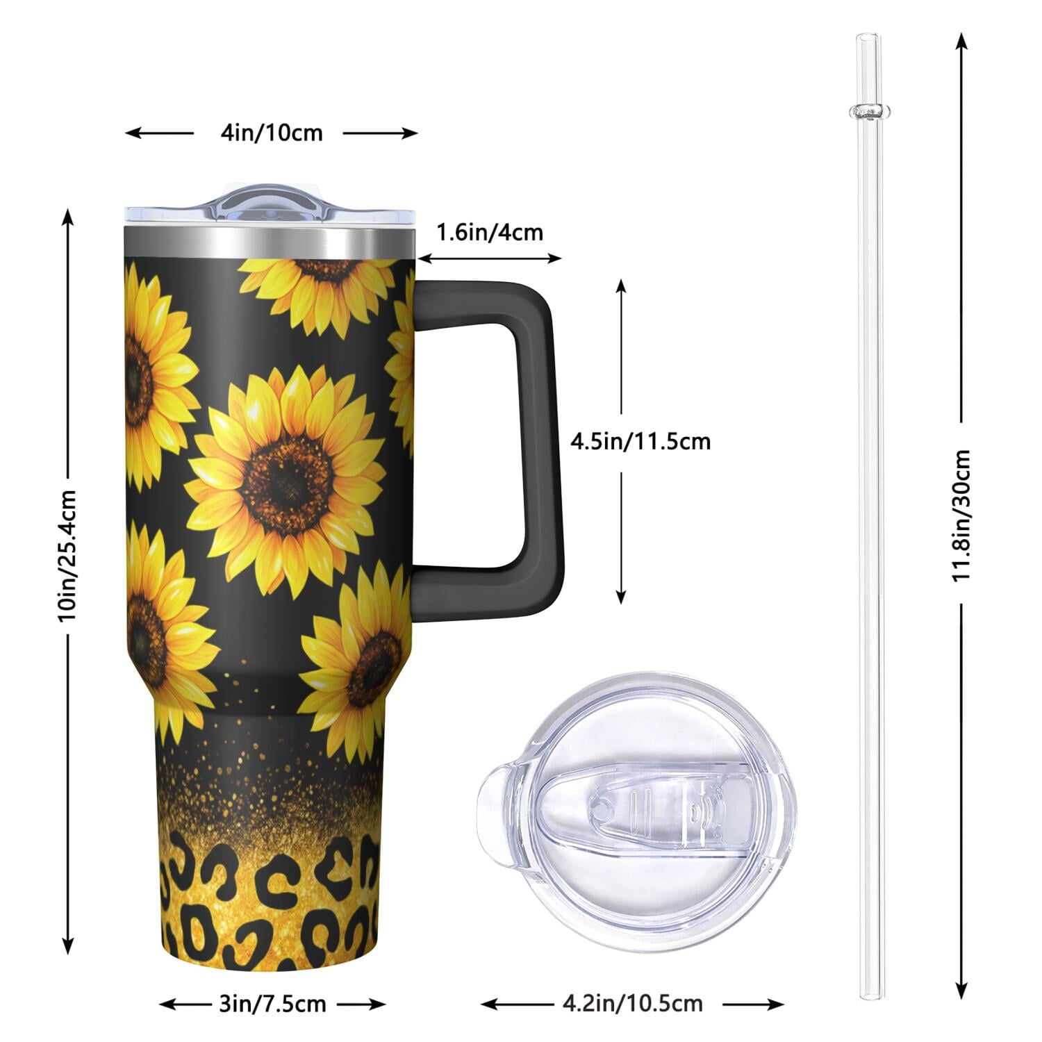1pc Sunflower 40oz Tumbler with Straw & Handle - Insulated Stainless Steel Cup | Holiday Gift for Man Women (Christmas, Valentine's, Birthday)