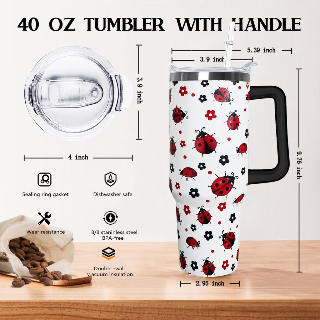 40 Oz Ladybug Tumbler With Handle - Coffee Travel Mug Cup Water Bottle, Strawberry Decor - Gifts for Women
