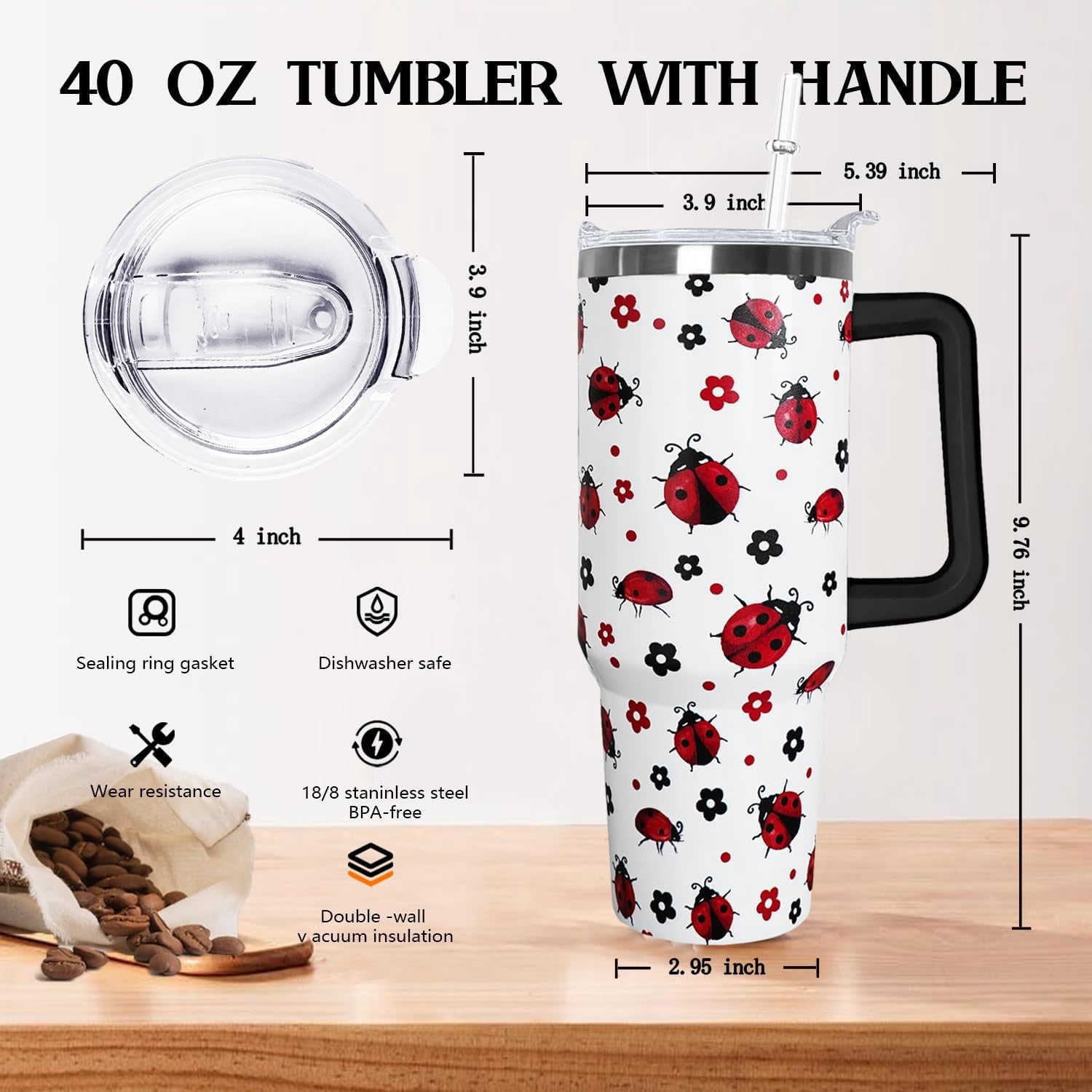 40 Oz Ladybug Tumbler With Handle - Coffee Travel Mug Cup Water Bottle, Strawberry Decor - Gifts for Women