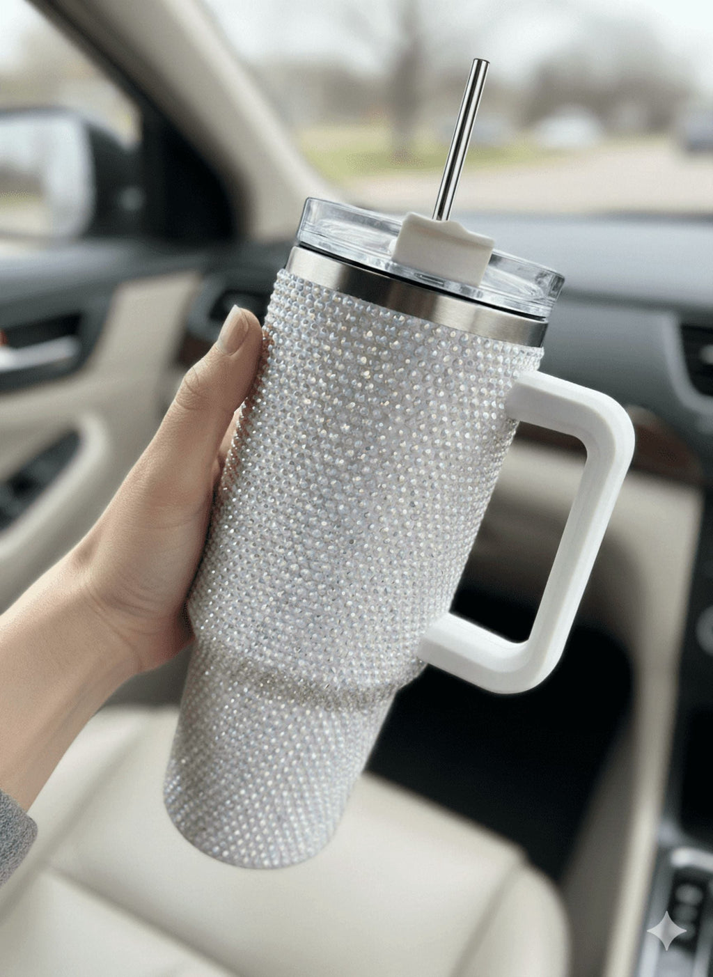 Thirstee 40 oz Rhinestone Tumbler with Handle and Metal Straw Lid, White Bling Insulated Travel Mug