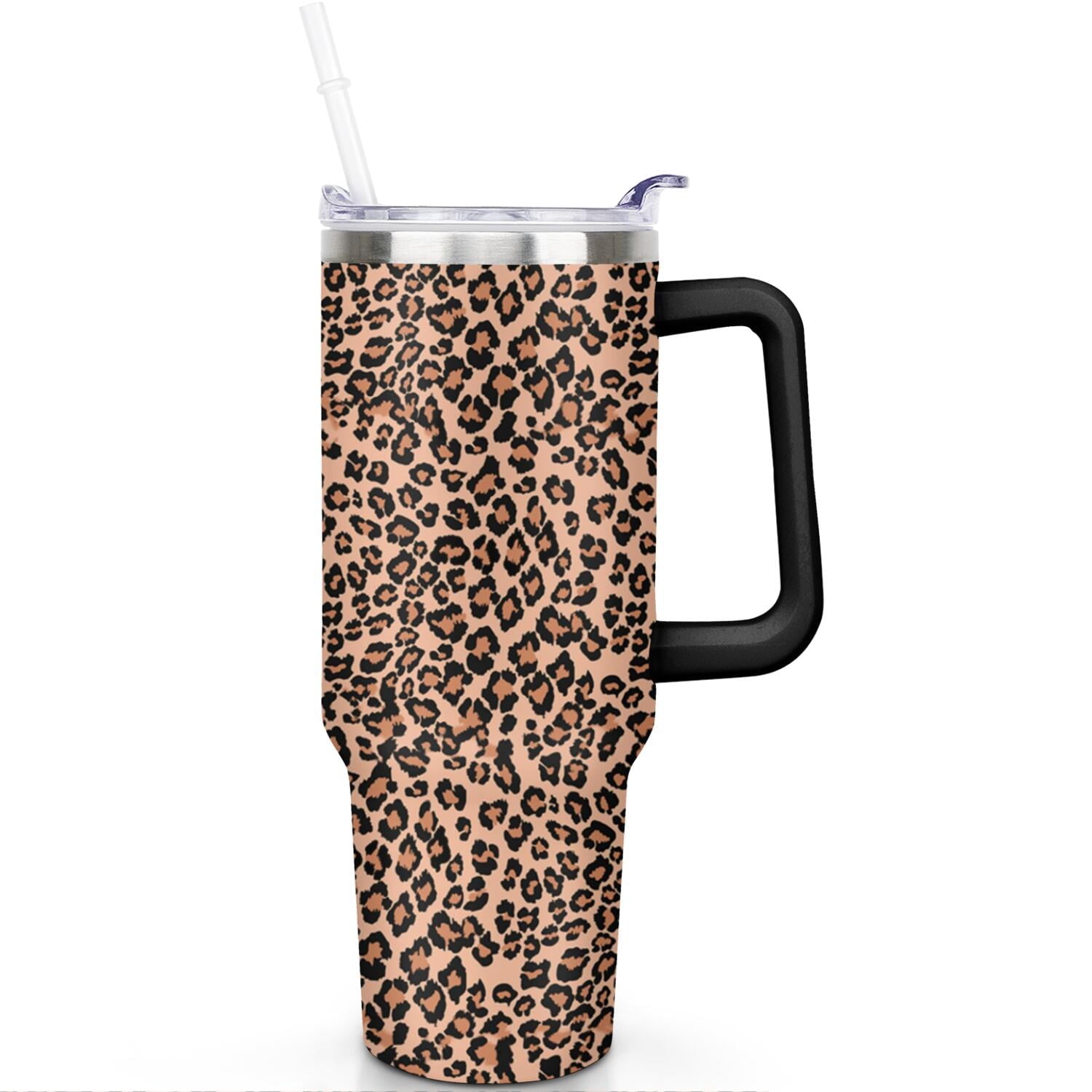 40oz Fashion Leopard Pattern Stainless Steel Flip Straw Tumbler Spill Proof Travel Cup Double Wall Vacuum Insulated Coffee Mug with Top Handle