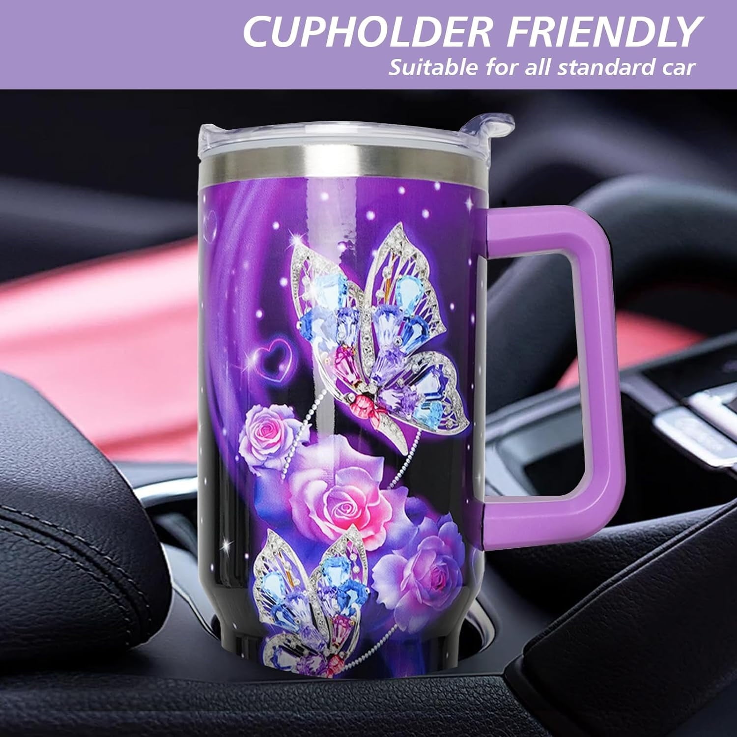 40 oz Tumbler with Handle and Straw Lid, Purple Butterfly Insulated Cup, Double Vacuum Leak Proof Coffee Travel Mug, Flower Stainless Steel Water Bottle Gifts for Women Girls