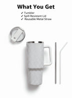 Thirstee 40 oz Rhinestone Tumbler with Handle and Metal Straw Lid, White Bling Insulated Travel Mug