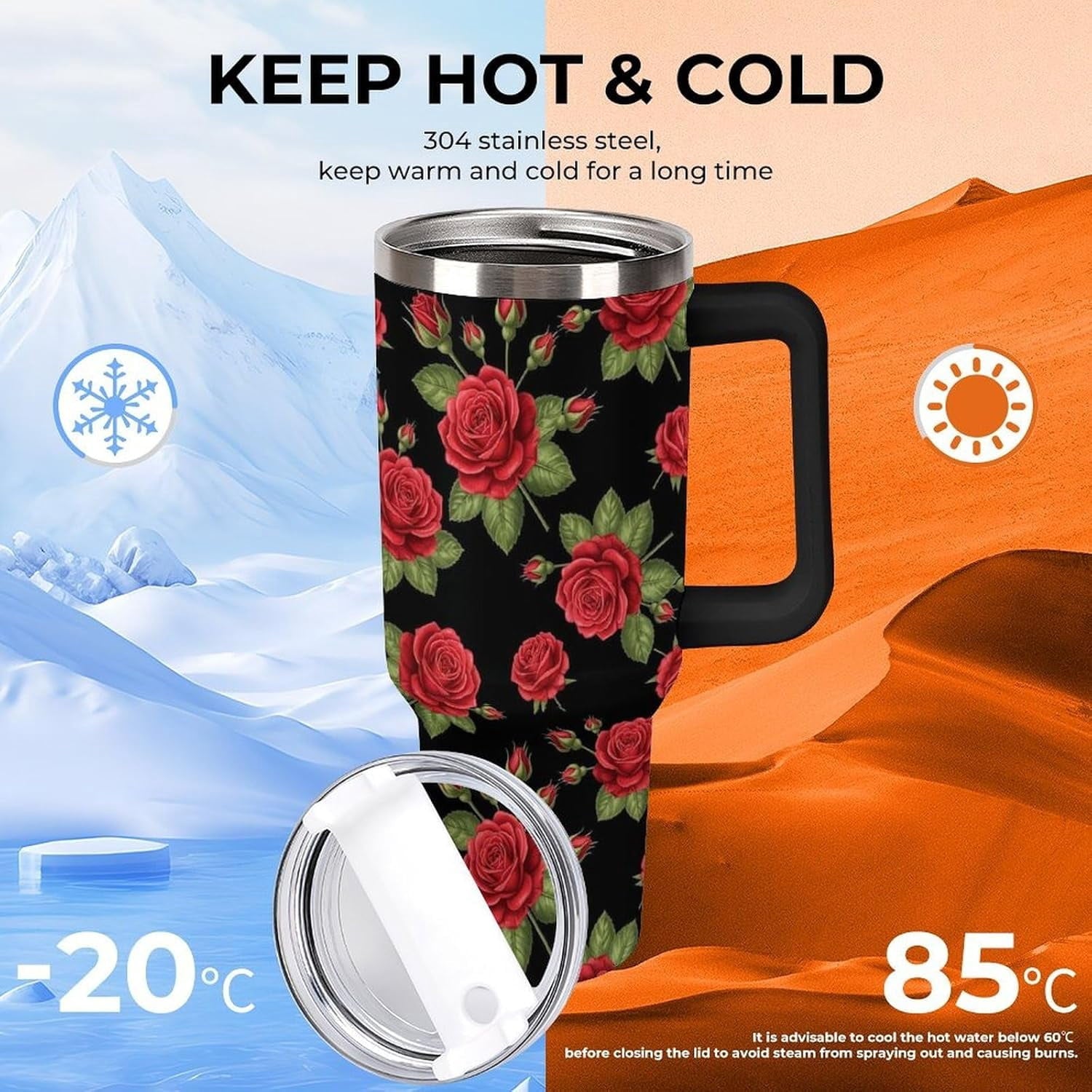 40 oz Insulated Floral Flowers Red Rose Coffee Tumbler with Portable Handle, Stainless Steel Vacuum Travel Mug for Unisex Home, Office Use