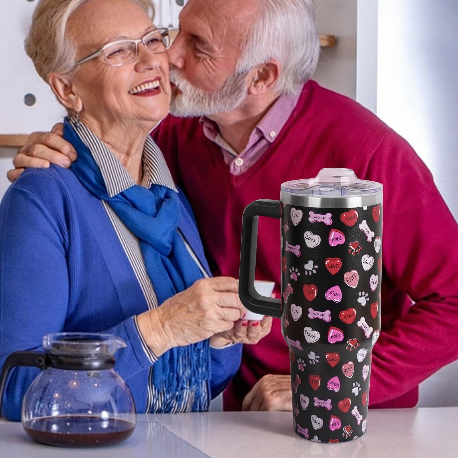 Valentines Day Gifts 40 oz Tumbler with Handle and Straw Lid,Valentine''s Day Gift for Her Women Girlfriend Wife Dog Bones and Candy Hearts Vacuum Insulated Leak Proof Stainless Steel Coffee Cup Mug