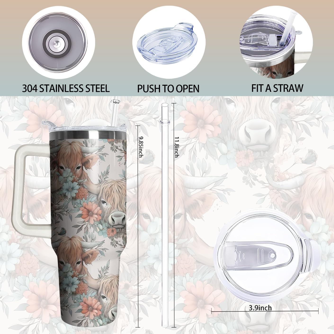40oz Cute Highland Cow Tumbler with Handle and Straw, Animal Lovers Gifts for Women, Cattle Stainless Steel Travel Mug Water Bottle, Vacuum Insulated Cup with Lid