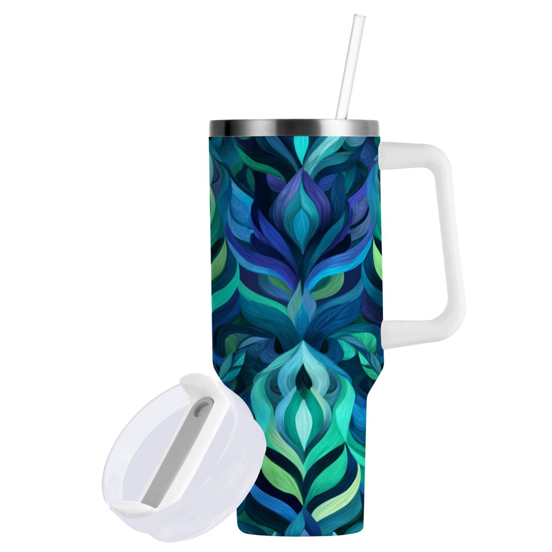 40 oz Insulated Stainless Steel Tumbler Double Wall Stainless Steel Tumbler with 2-Way Drinking Elegant Blue Abstract Shapes