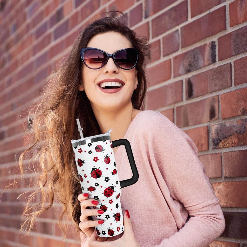 40 Oz Ladybug Tumbler With Handle - Coffee Travel Mug Cup Water Bottle, Strawberry Decor - Gifts for Women