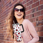 40 Oz Ladybug Tumbler With Handle - Coffee Travel Mug Cup Water Bottle, Strawberry Decor - Gifts for Women