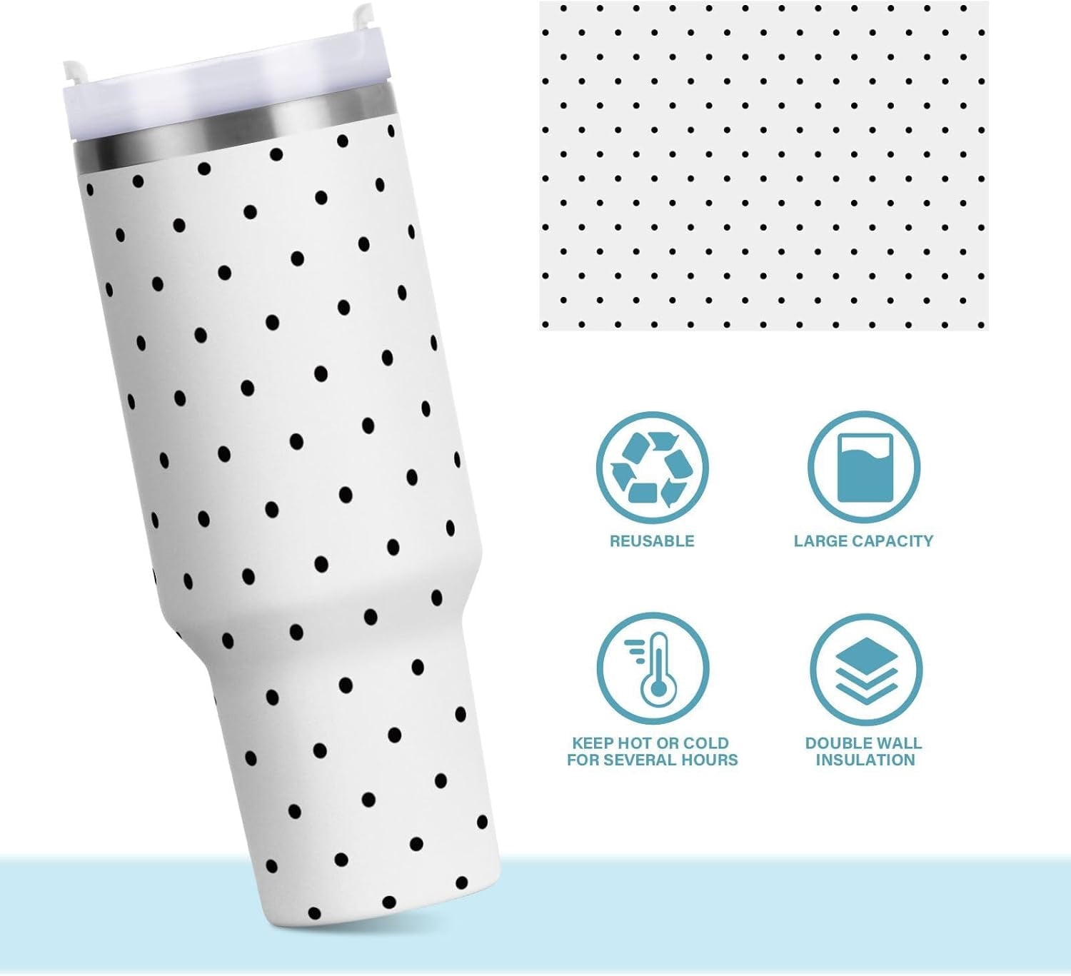 40 oz Tumbler with Handle Lid and Straw Insulated Water Tumbler Stainless Steel Water Cup Mug Bottle Reusable Cup Holder Friendly Polka Dot White