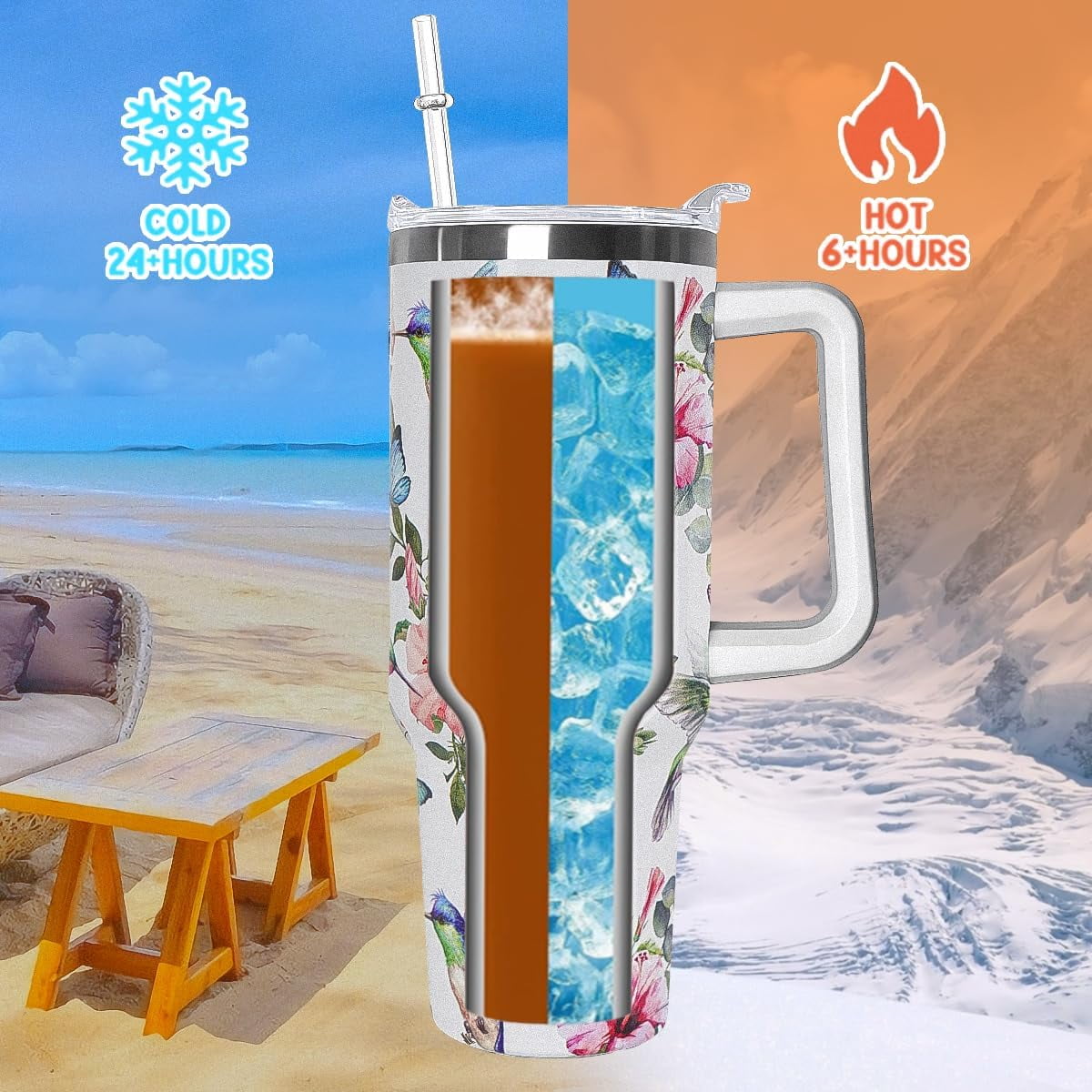 40 oz Tumbler with Handle and Straw Leak Proof Tumbler 40 oz Insulated Cup with Handle Hummingbird Coffee Travel Mug 40 oz Hummingbird Tumbler with Handle Hummingbird Gifts for Women
