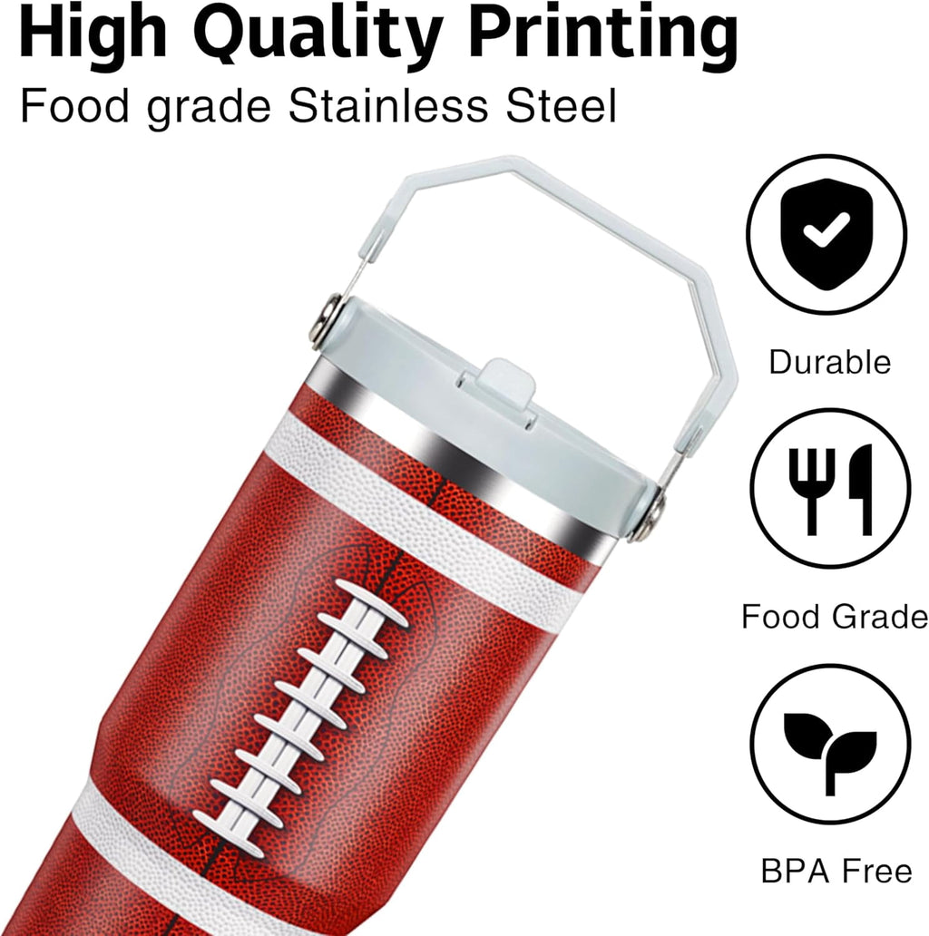 Football Lover Gift 30 oz Flip Straw Tumbler with Top Handle Football Pattern BPA-Free Leak Proof Stainless Steel Insulated Vacuum Flip Top Water Bottle for Sporting Working