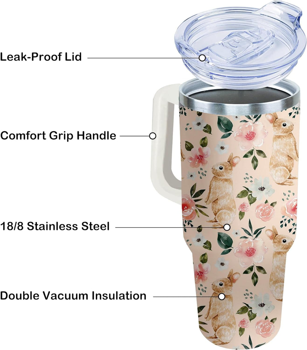 40oz Easter Bunny Tumbler with Handle and Straw, Rabbit Stainless Steel Travel Mug Water Bottle, Vacuum Insulated Cup, Gifts for Women Bunny Lovers