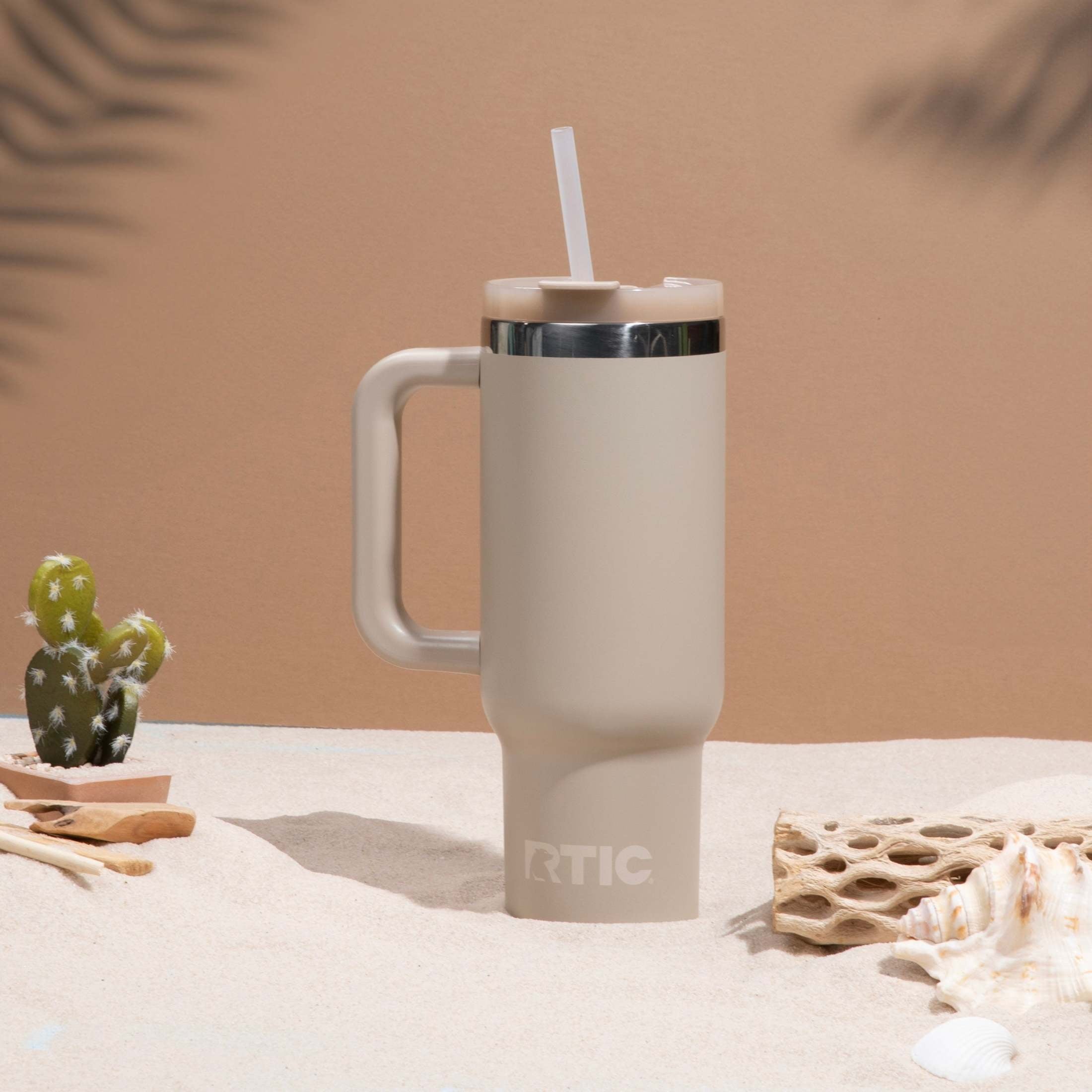 RTIC 40 oz Ceramic Lined Road Trip Tumbler with Handle and Leak-Resistant Straw Lid, Beach