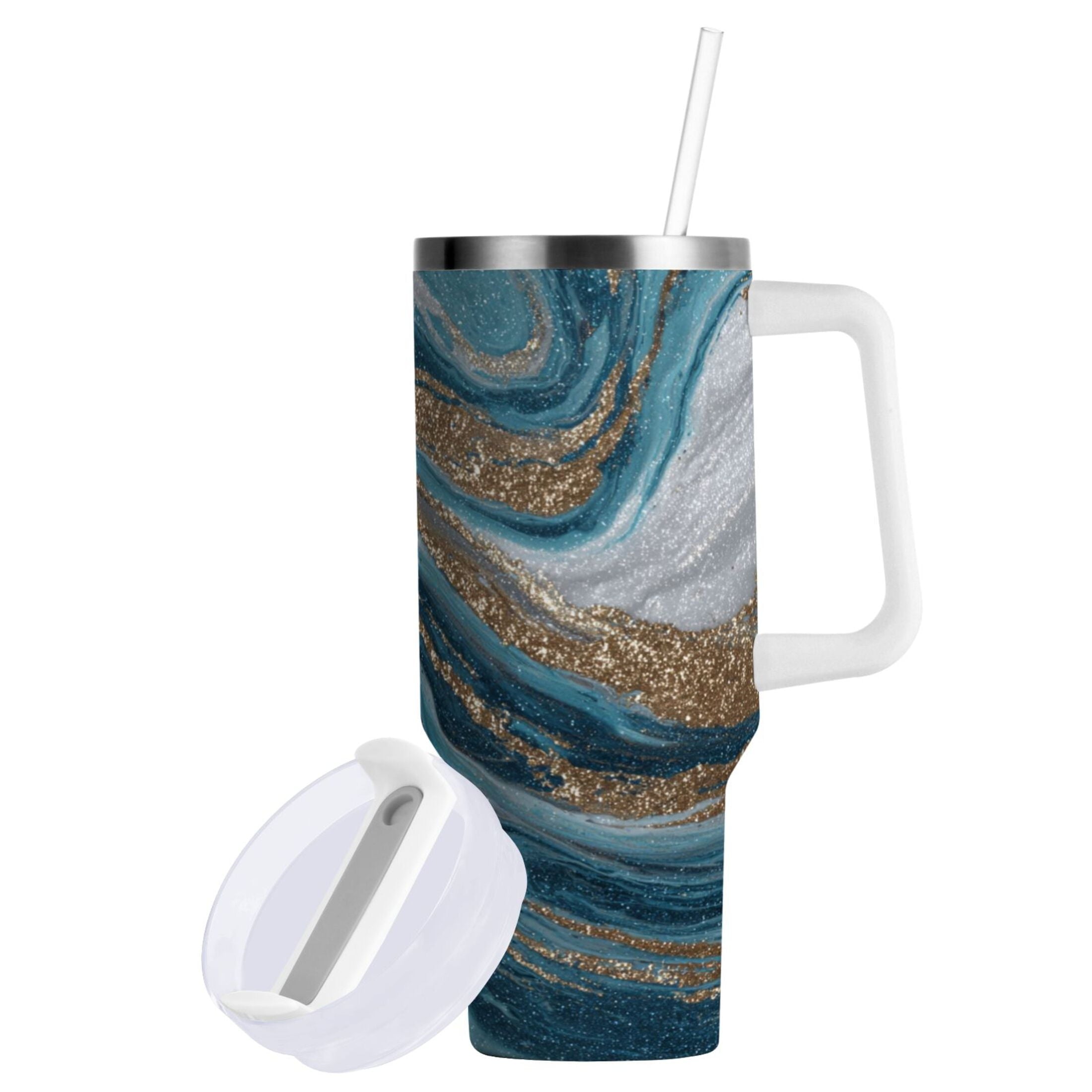 30 oz Insulated Stainless Steel Tumbler Double Wall Stainless Steel Tumbler with 2-Way Drinking Blue and Gold Swirling
