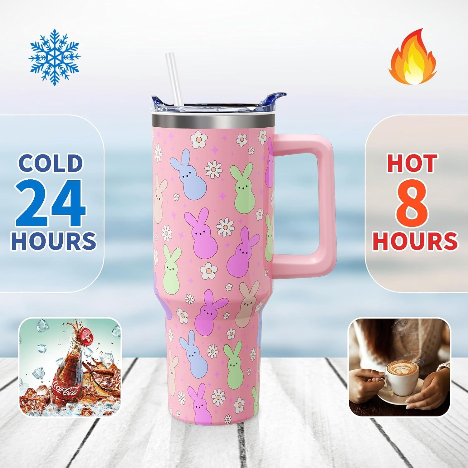 Easter Day Gifts 40oz Tumbler with Handle and Straw, Cute Bunnies Buddies Spring Stainless Steel Insulated Cup, Colorful Holiday Bunny Water Bottle Gifts for Women Men (1PC)