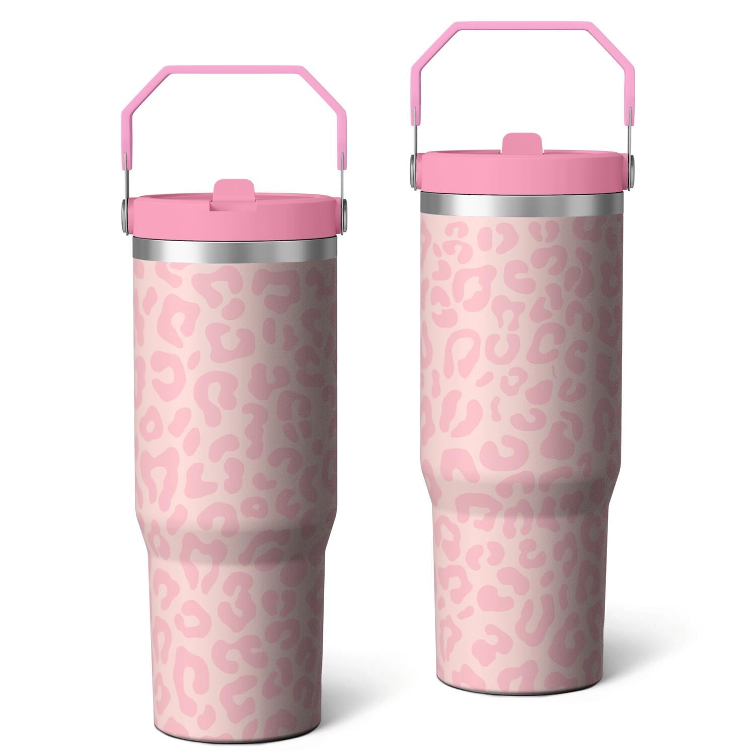 1pc Pink Leopard Print 30oz Tumbler with Straw & Handle - Insulated Stainless Steel Cup | Holiday Gift for Man Women (Christmas, Valentine's, Birthday)