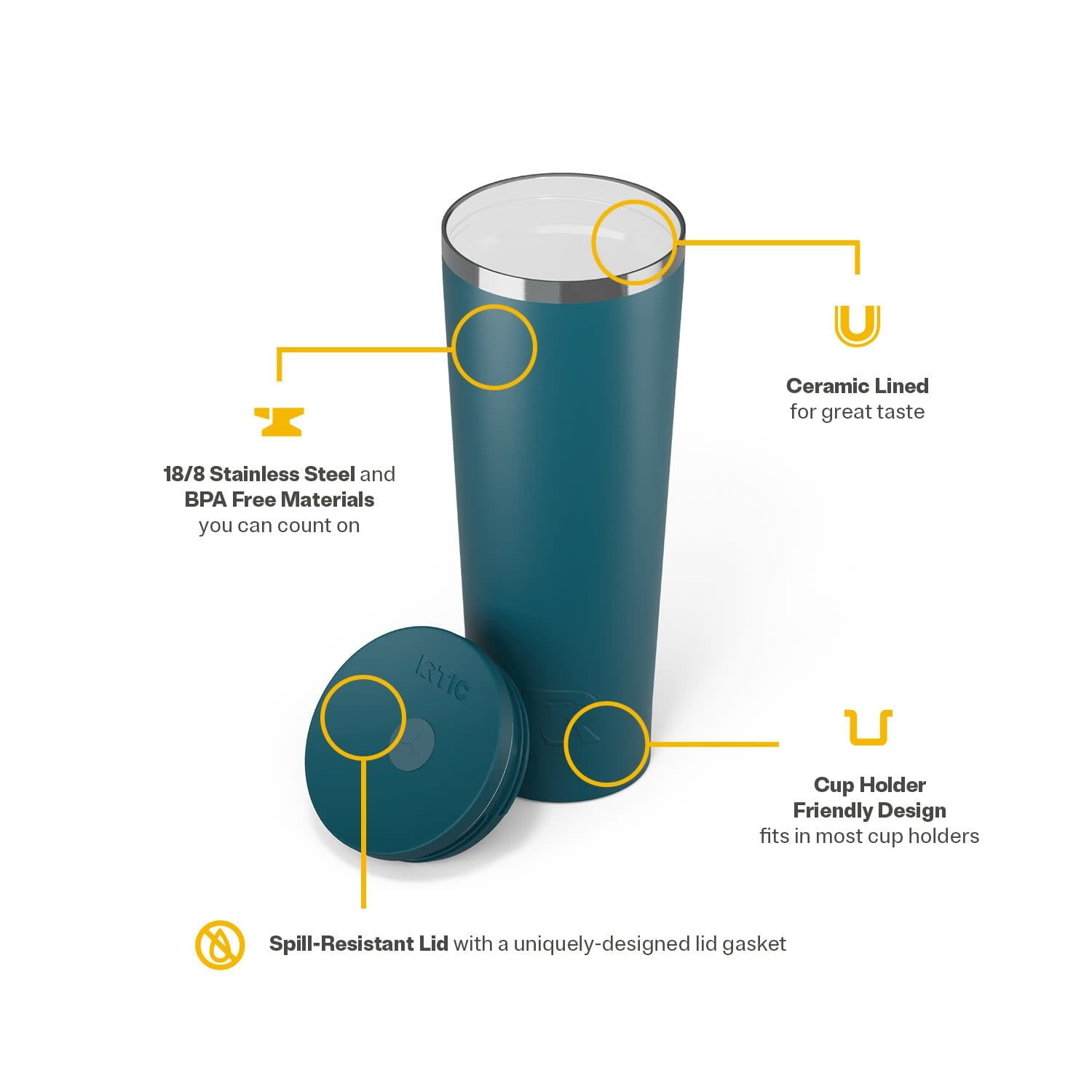 RTIC 28 oz Ceramic Lined Everyday Tumbler, Spill-Resistant Straw Lid, Marine
